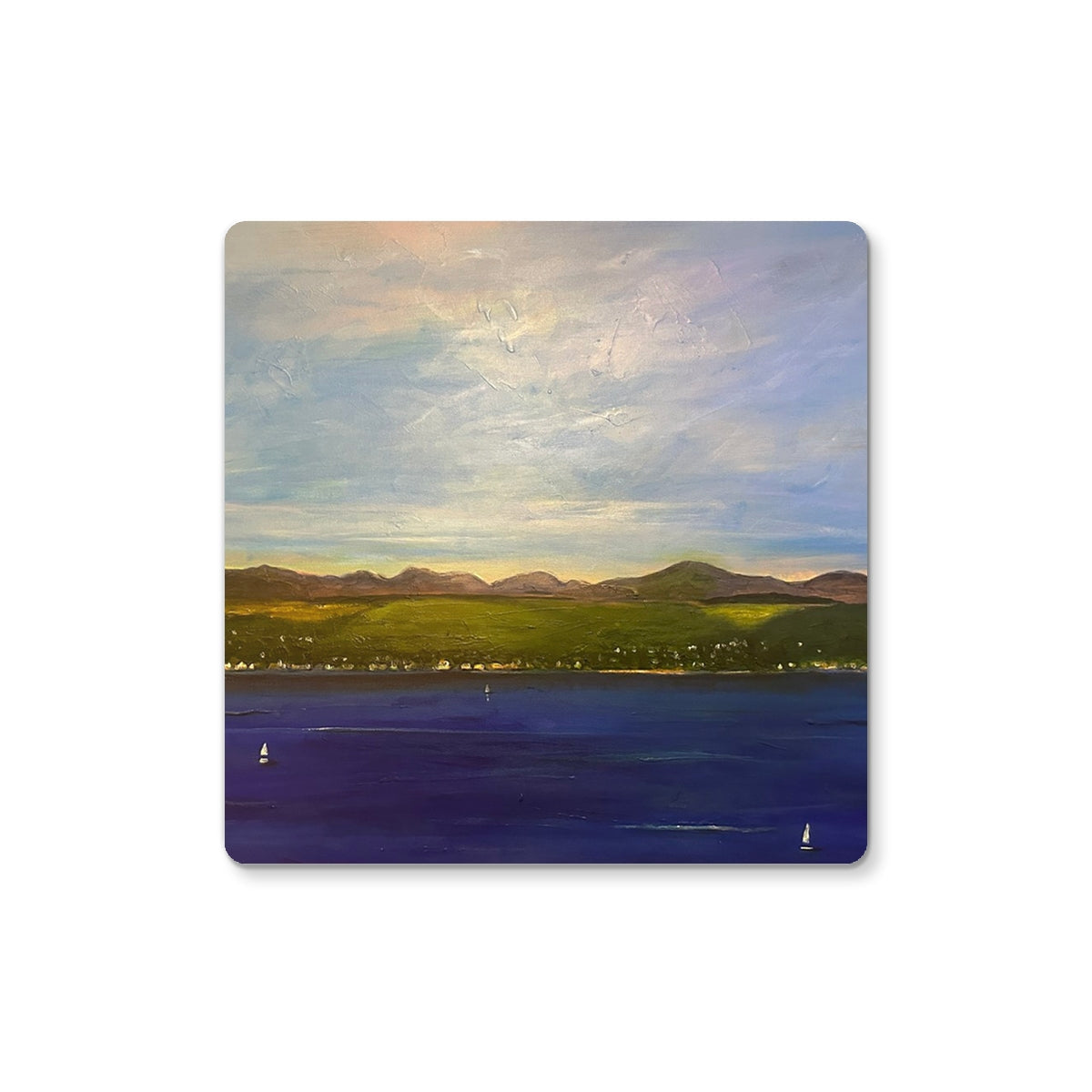 Vibrant landscape painting of a bay with sailboats, green hills, and cloudy sky for The Biggie Coaster