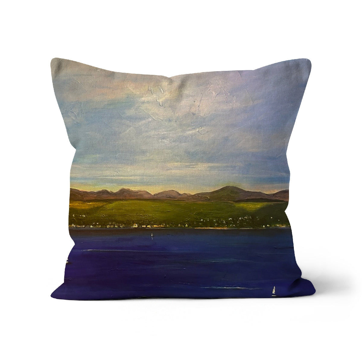 Decorative The Biggie Cushion with landscape painting of water mountains and green fields