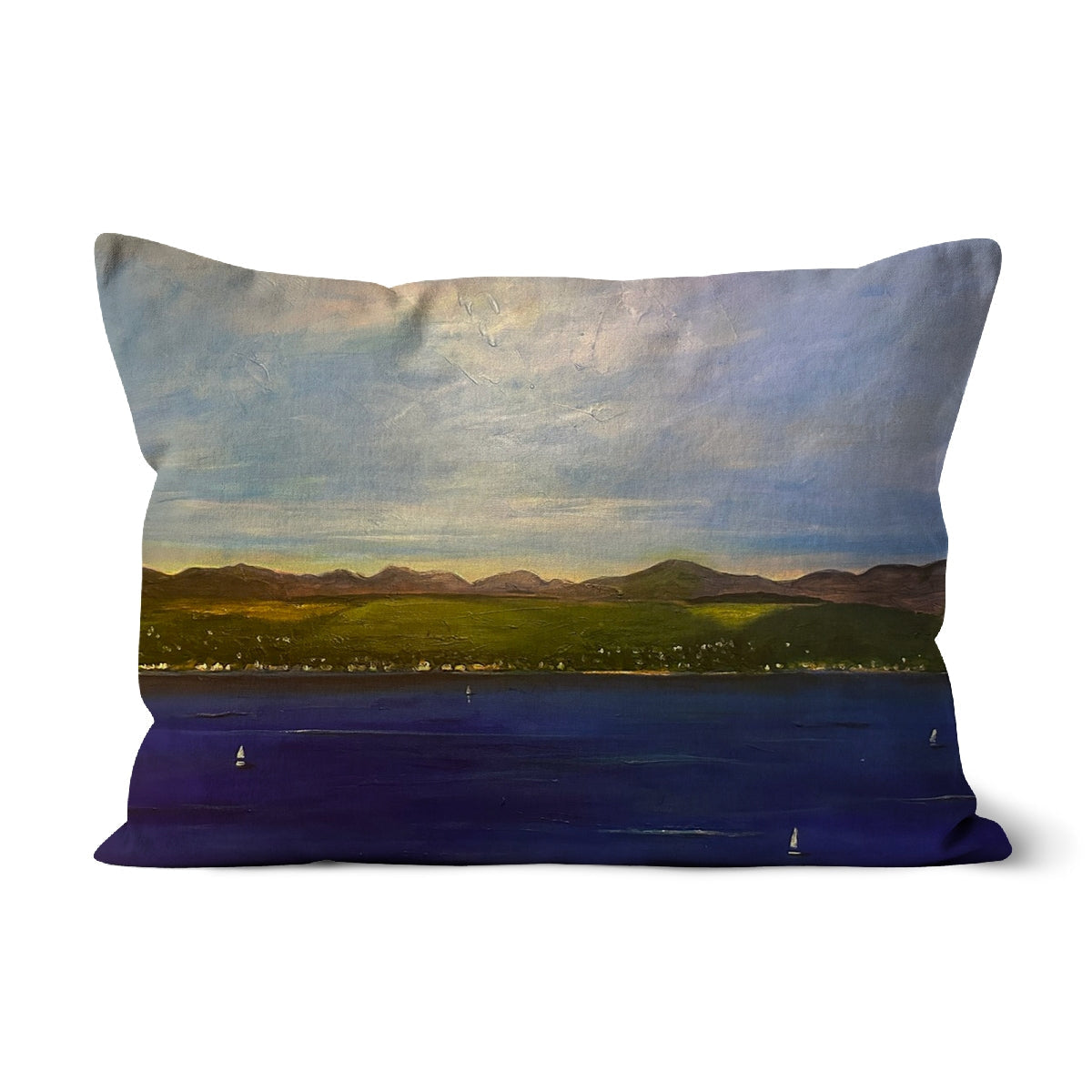 Rectangular pillow featuring a landscape painting of water, hills, and cloudy sky for The Biggie Cushion