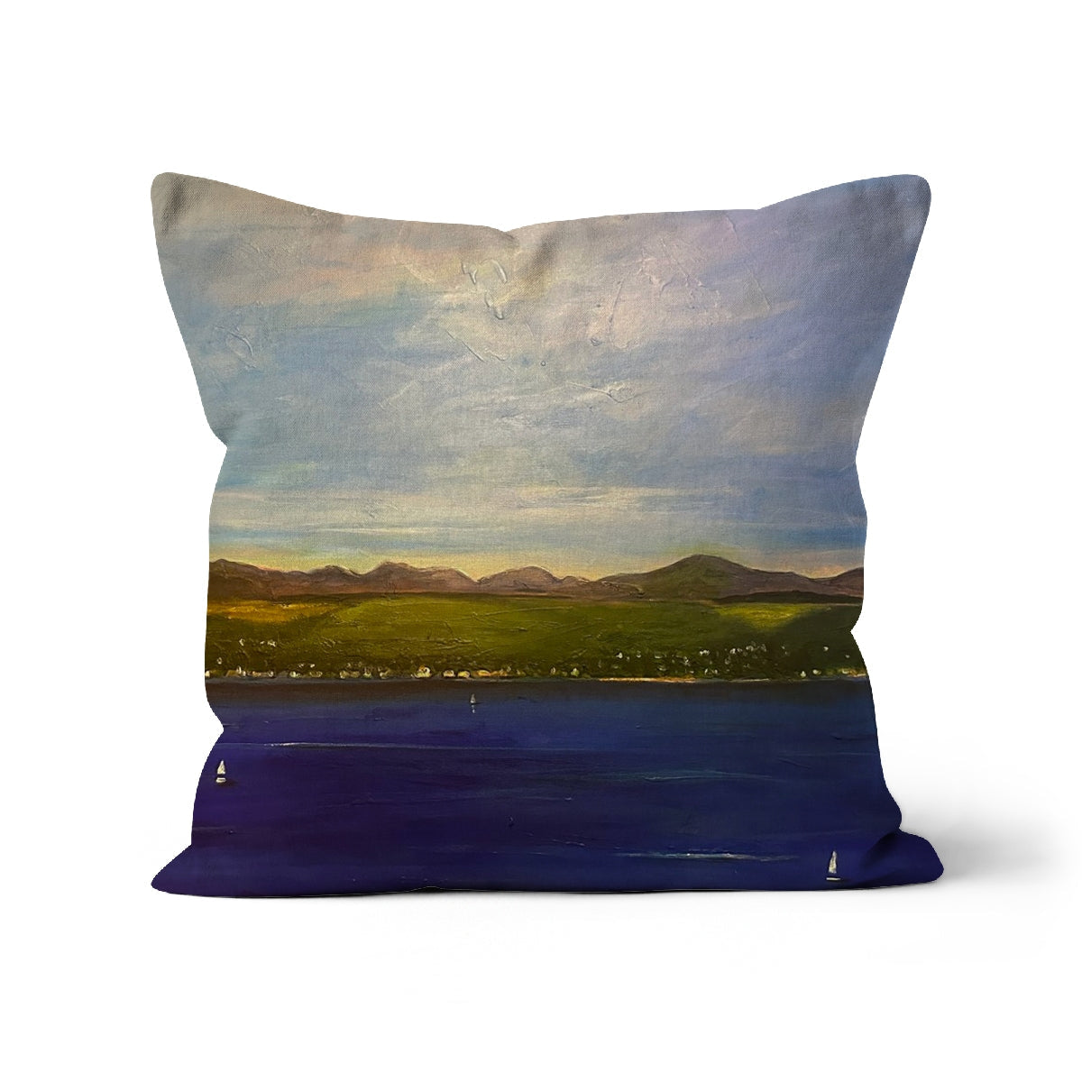Square throw pillow with landscape painting of Mountains, Green Plain, and Sailboats
