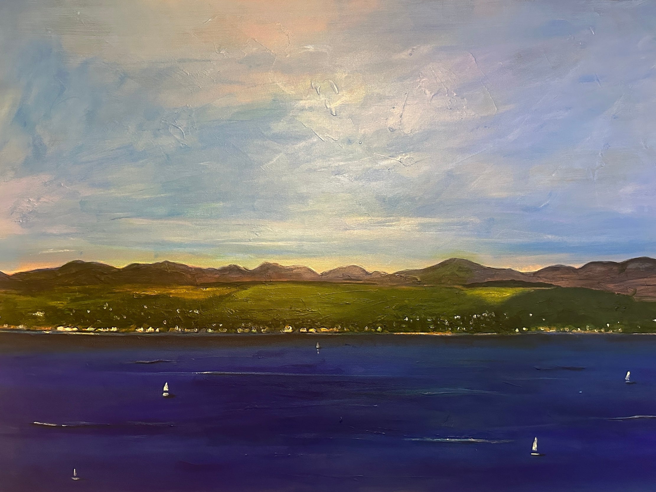 Vibrant oil painting of Coastal Landscape with Mountains, Town, and Sailboats for The Biggie Original Painting