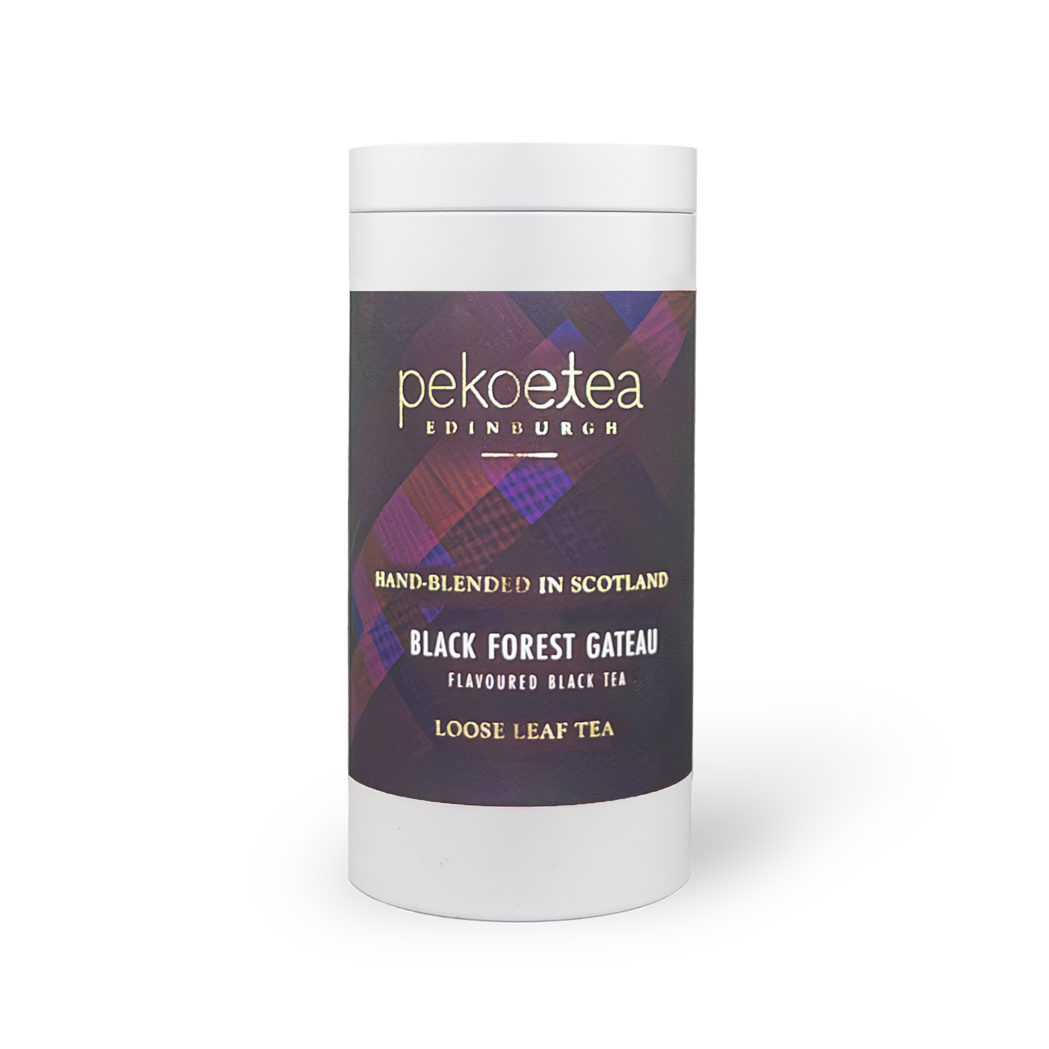 White cylindrical container of Black Forest Gateau pekoe tea with plaid label