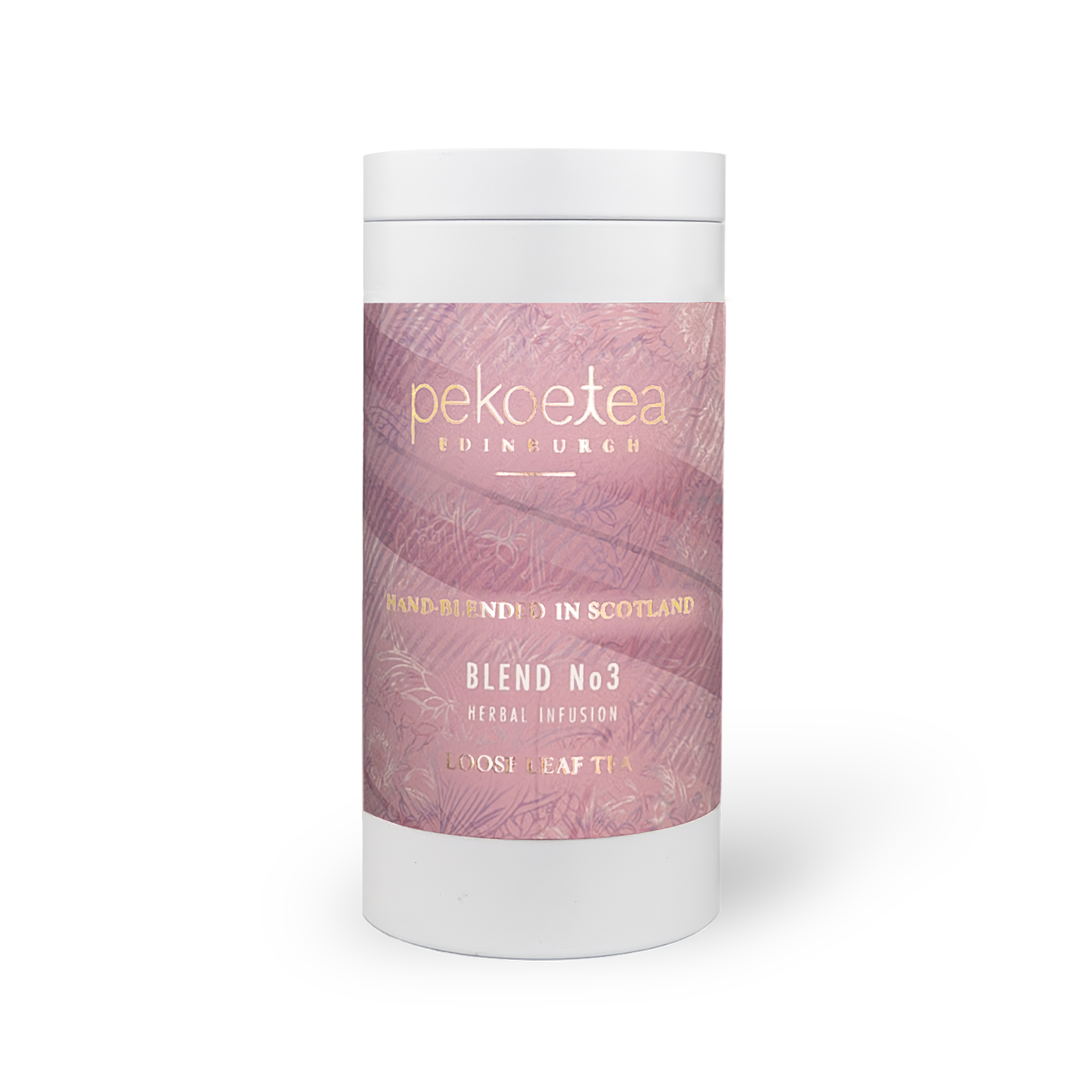 Blend No. 3 Pekoe Tea Edinburgh cylindrical white container with pink label