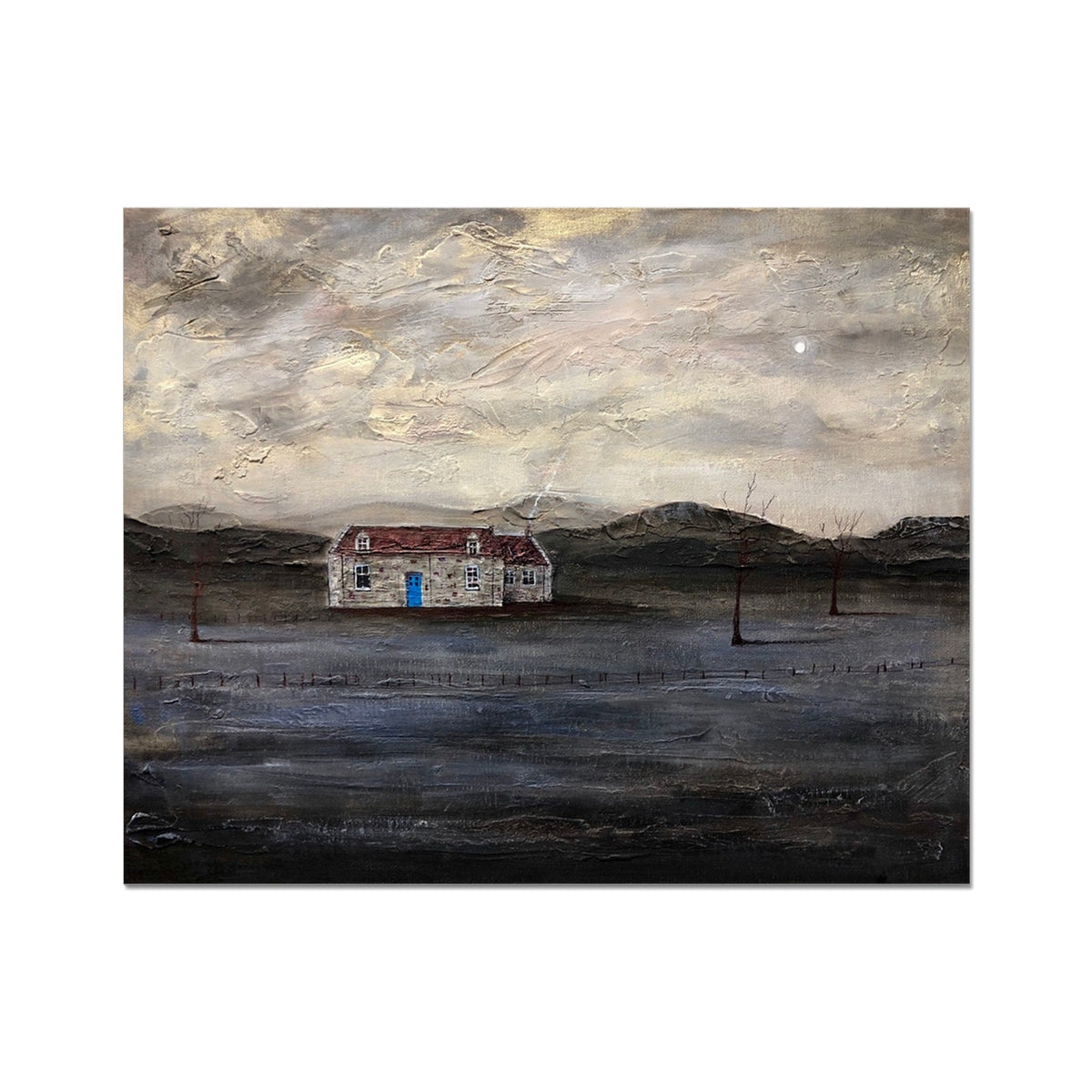 White house with blue door and red roof, textured canvas painting