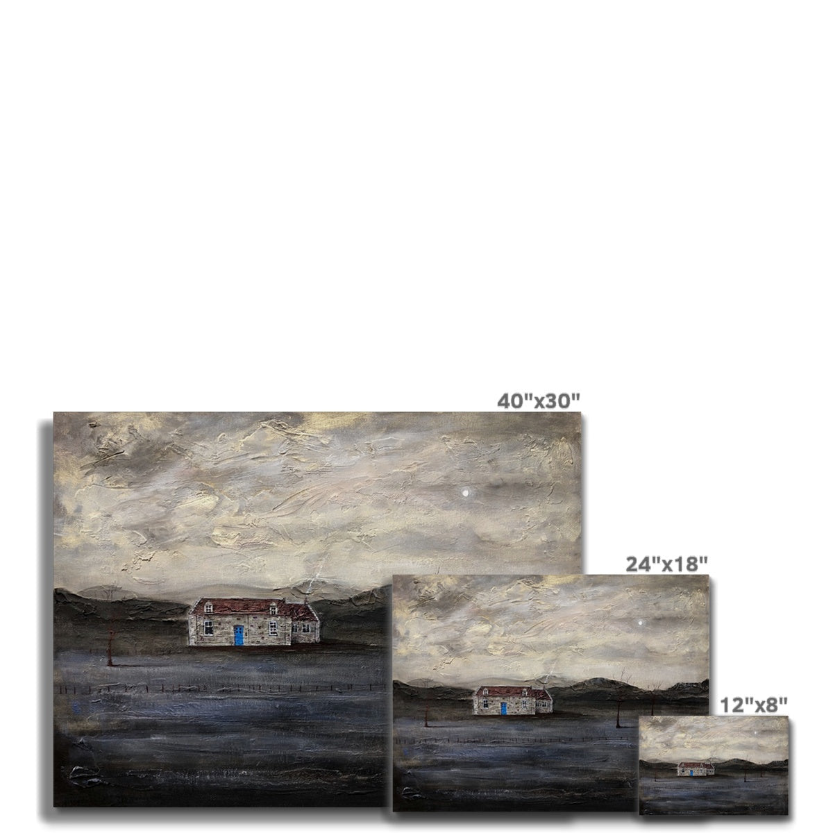 Black and white abstract landscape painting on Blue Door Burn Altmore Cottage Canvas, 40x30 inches