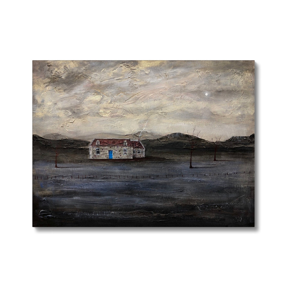 Abstract painting of a White House with a red door and blue window on the Blue Door Burn Altmore Cottage Canvas