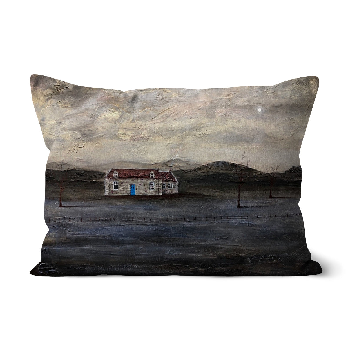 1970s-inspired throw pillow with textured abstract landscape design in muted earth tones and blue