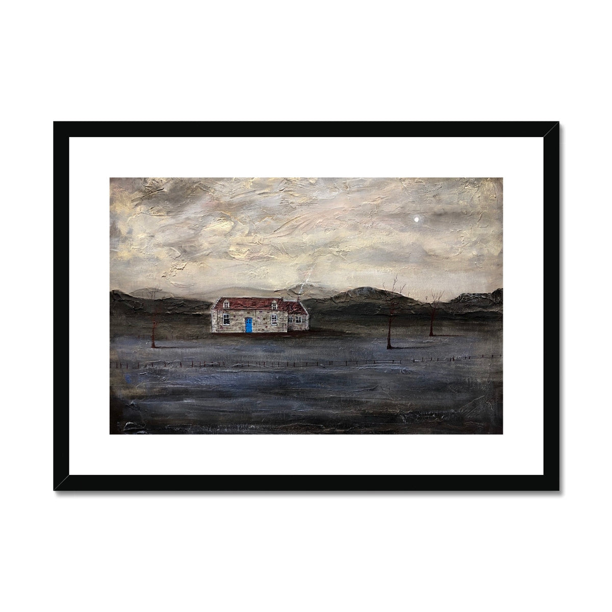Black framed painting of a house with a blue door and red roof on dark hills in Burn Altmore Cottage print