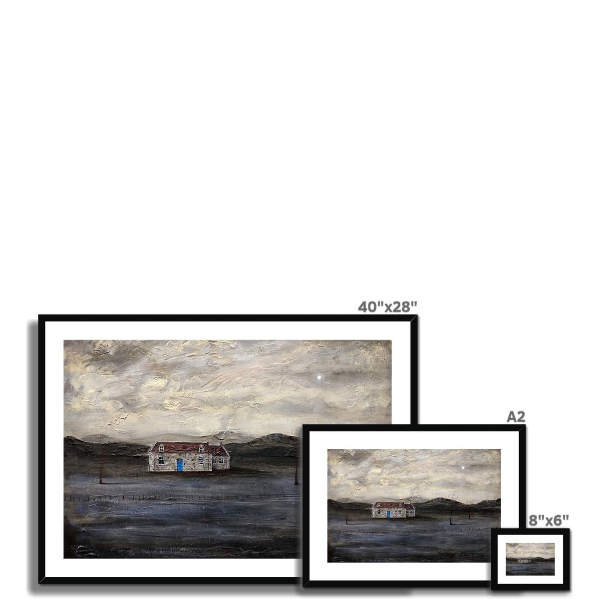 Black-framed landscape print with white mat featuring abstract house in muted earth tones