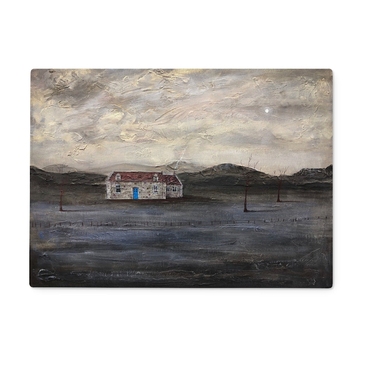 Blue door house painting featured on Blue Door Burn Altmore Cottage Glass Chopping Board