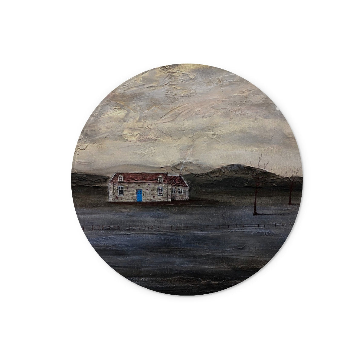 White barn with blue door coaster on Blue Door Burn Altmore Cottage Glass Chopping Board