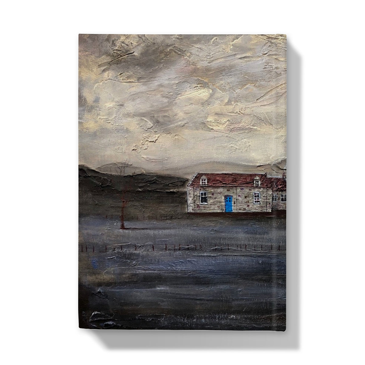 Canvas print of a rustic stone house with red roof and blue door on Blue Door Burn Altmore Cottage journal