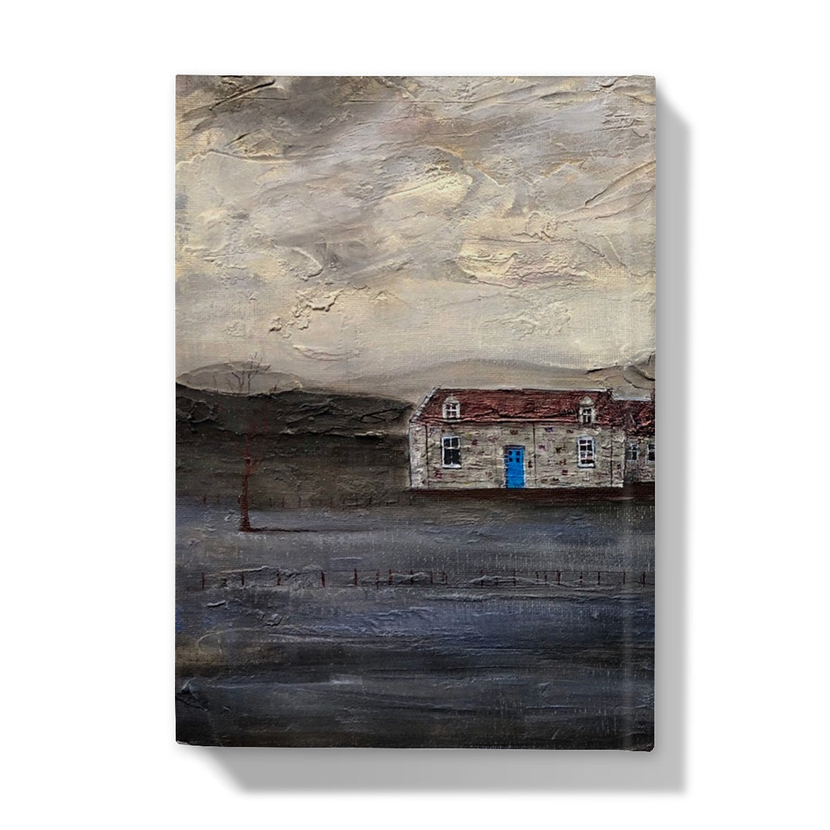 Stone house with red roof and blue door textured canvas print on Blue Door Burn Altmore Cottage Journal