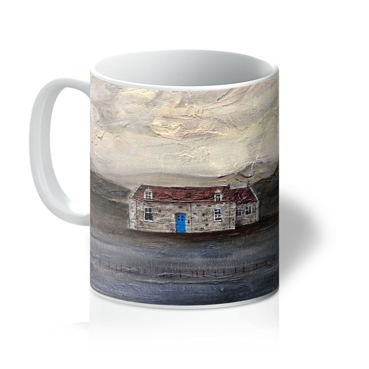 Ceramic mug featuring a rustic house design with stone walls and blue doors