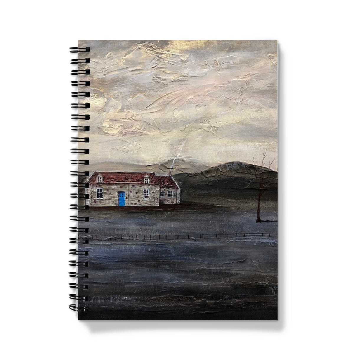 Spiral-bound Blue Door Burn Altmore Cottage Notebook with rustic house illustration in earth tones