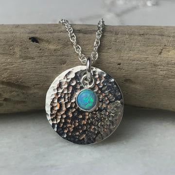 Silver hammered disc pendant necklace with blue opal, Lindsay Mcdowall Jewellery