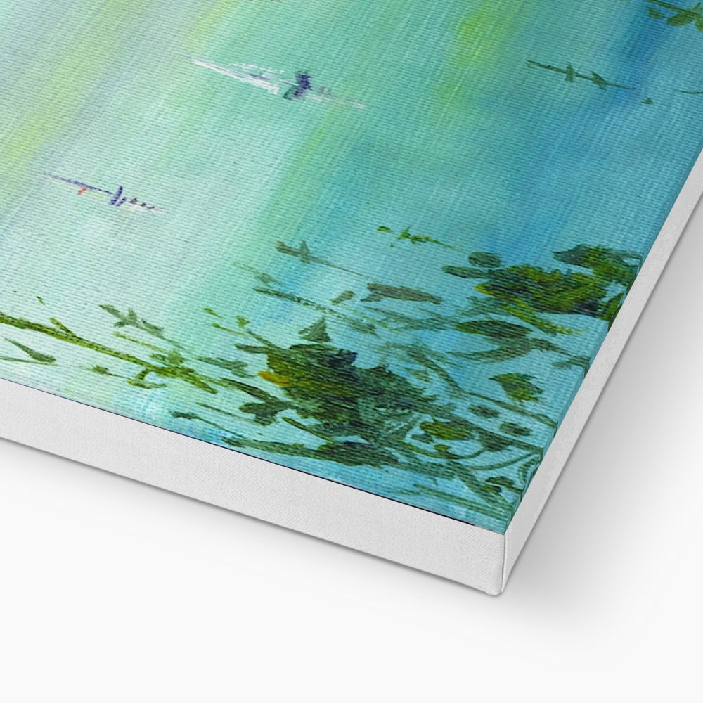 Blue and green abstract Boats On The Clyde canvas in white frame