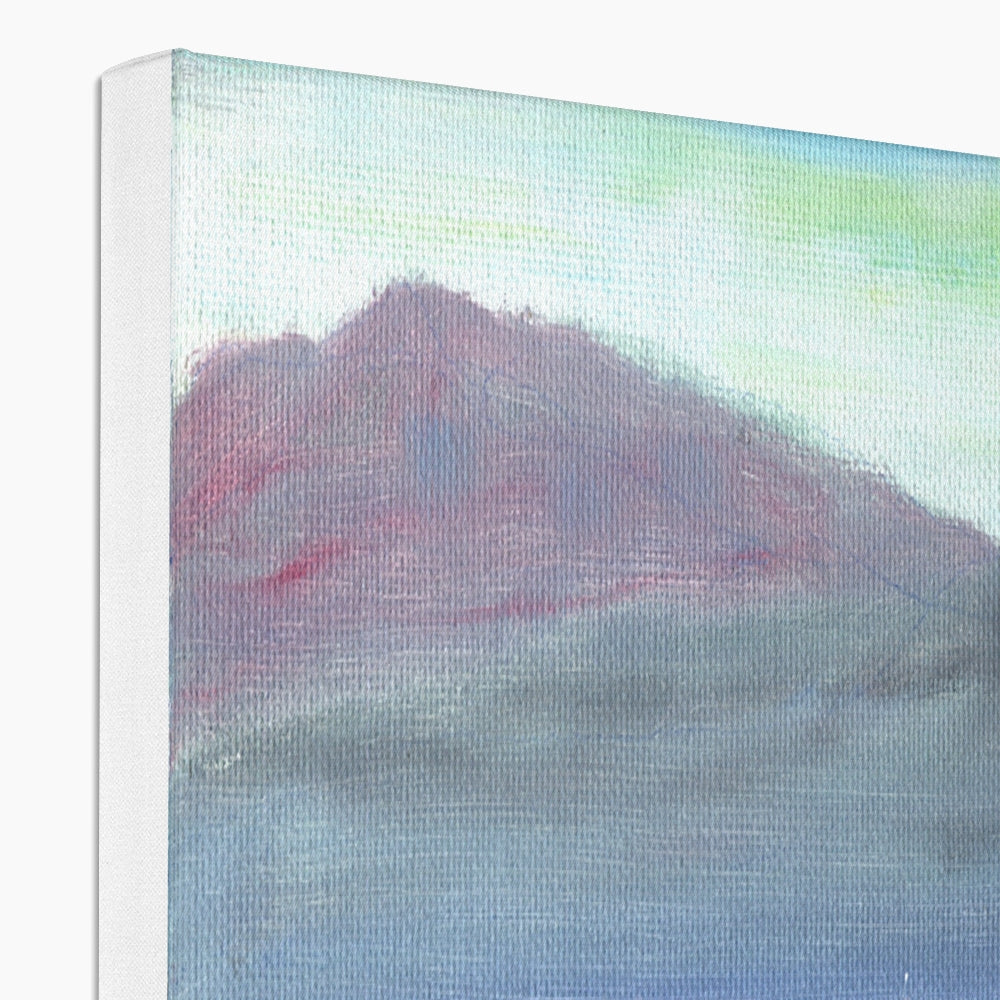 Canvas painting of mountain landscape with red peak and blue-green sky