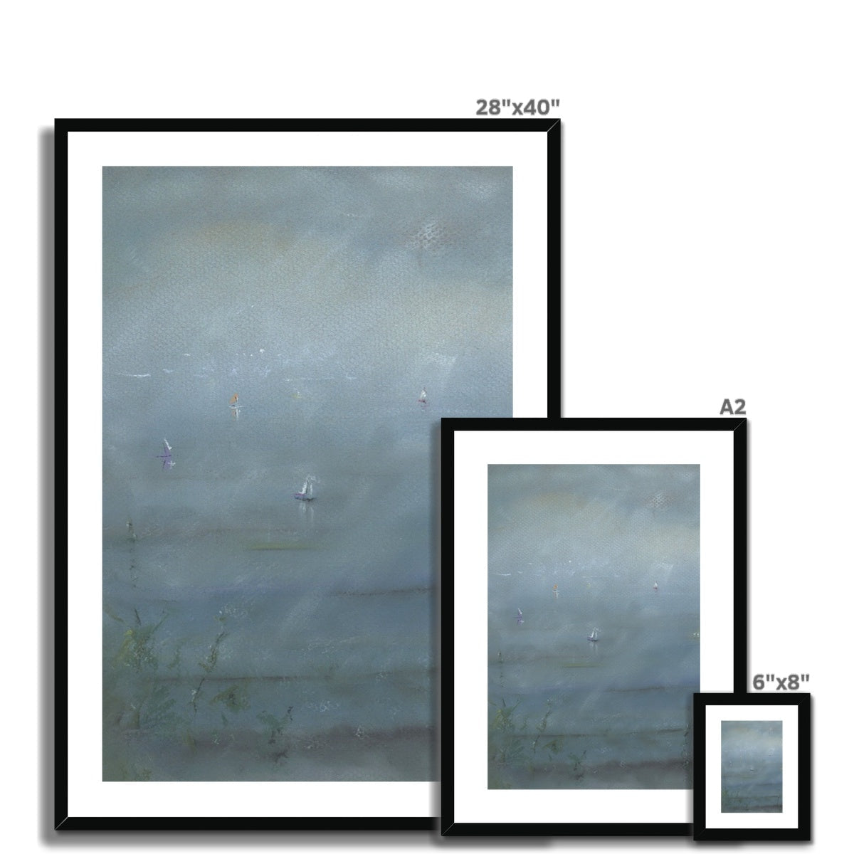 Black-framed Boats in the Mist print of misty seascape with sailboats