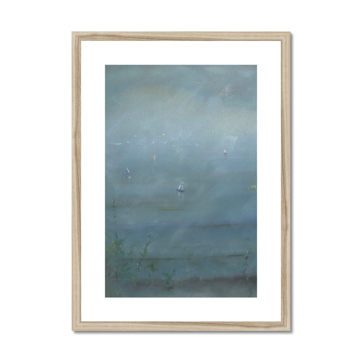 Minimalist Boats In The Mist framed print with blue-gray seascape
