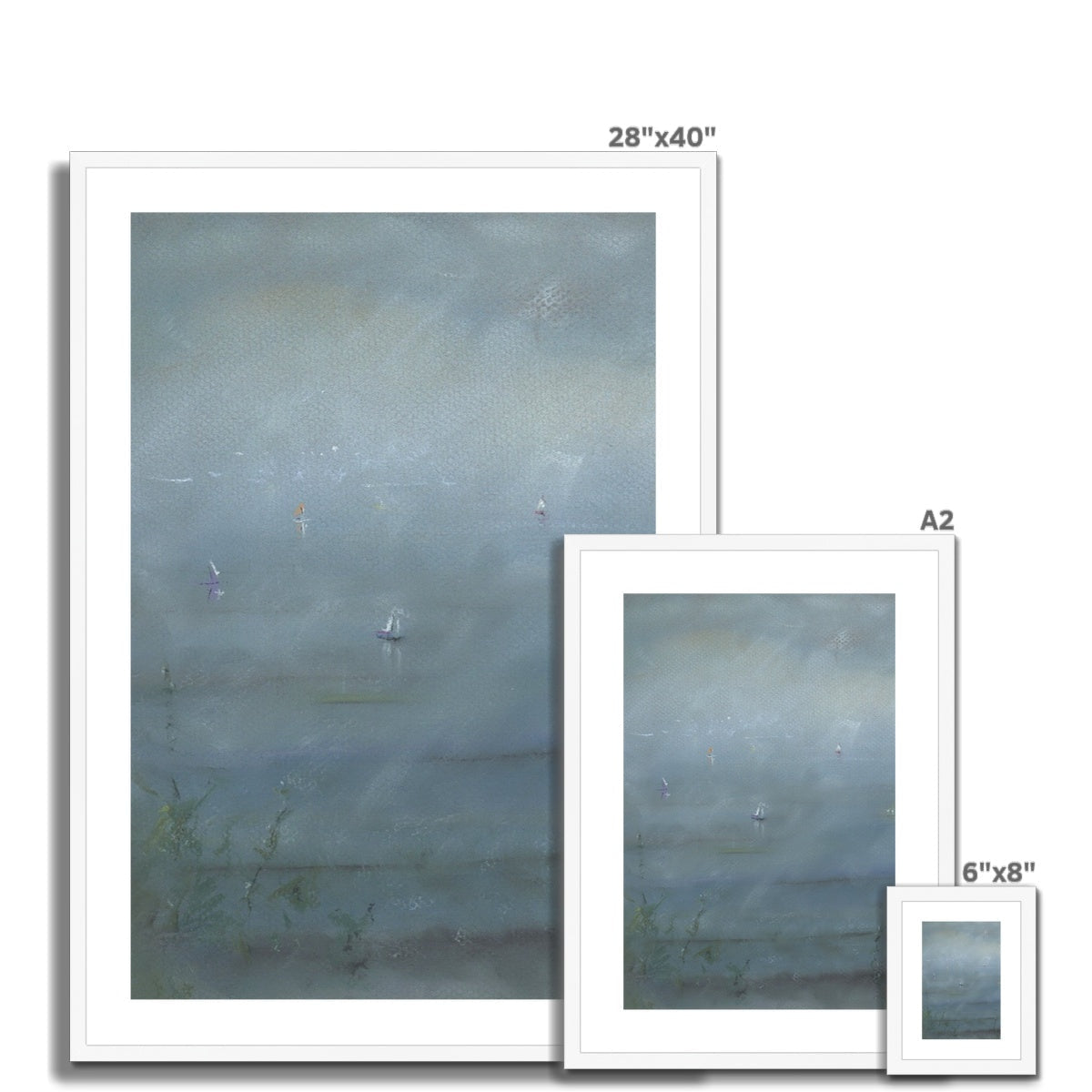 Serene blue gray abstract seascape Boats In The Mist framed print