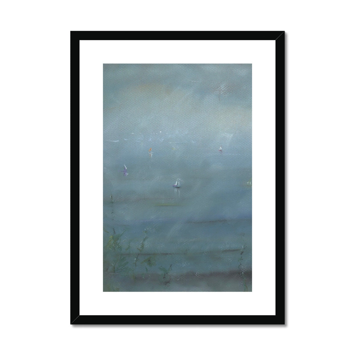 Boats in the Mist minimalist abstract print in black frame