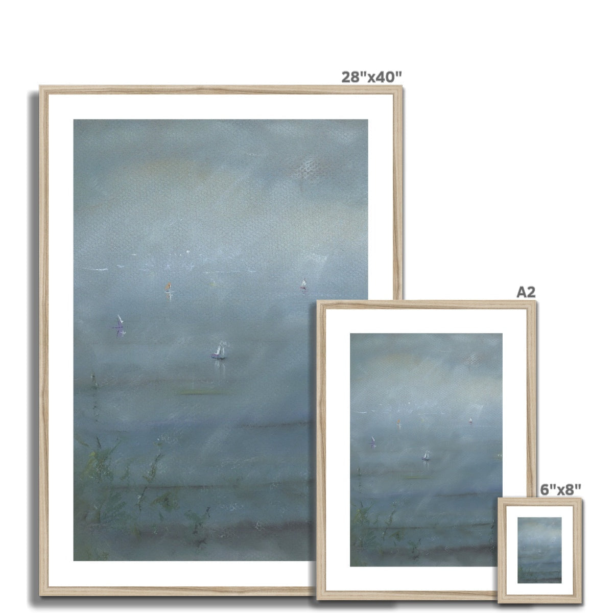 Serene minimalist Boats In The Mist sailboats print in light wood frame