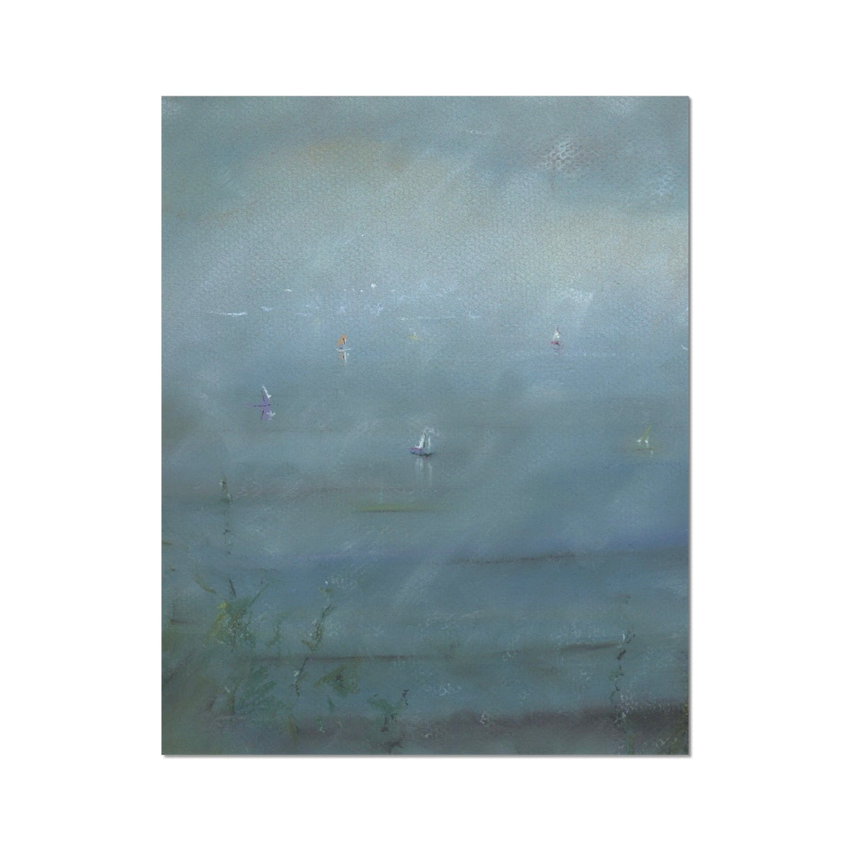 Soft impressionistic misty water scene with sailboats and shoreline greenery on Hahnemühle German Etching print