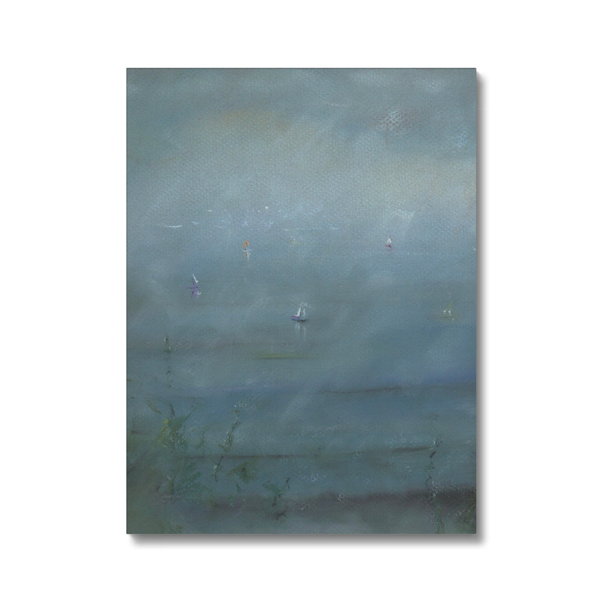 Abstract Boats in the Mist canvas with blended blue-gray hues