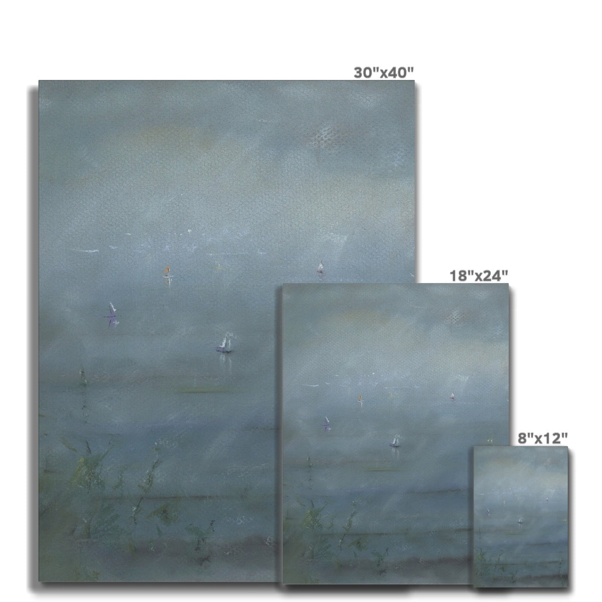 Gray abstract canvas of sailboats in misty aquatic mist