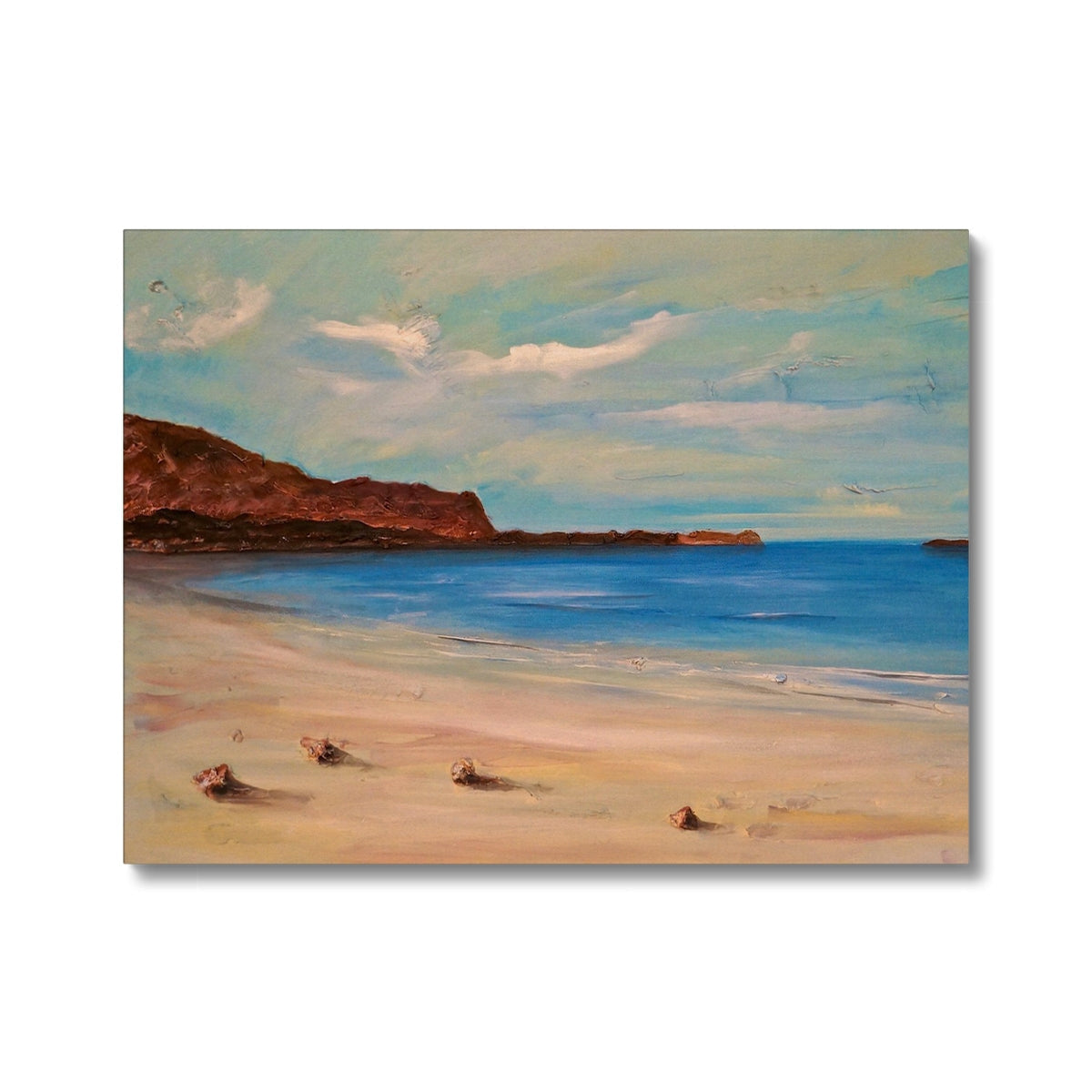 Bosta Beach Lewis canvas painting of sandy shore, blue waves, rocky cliffs