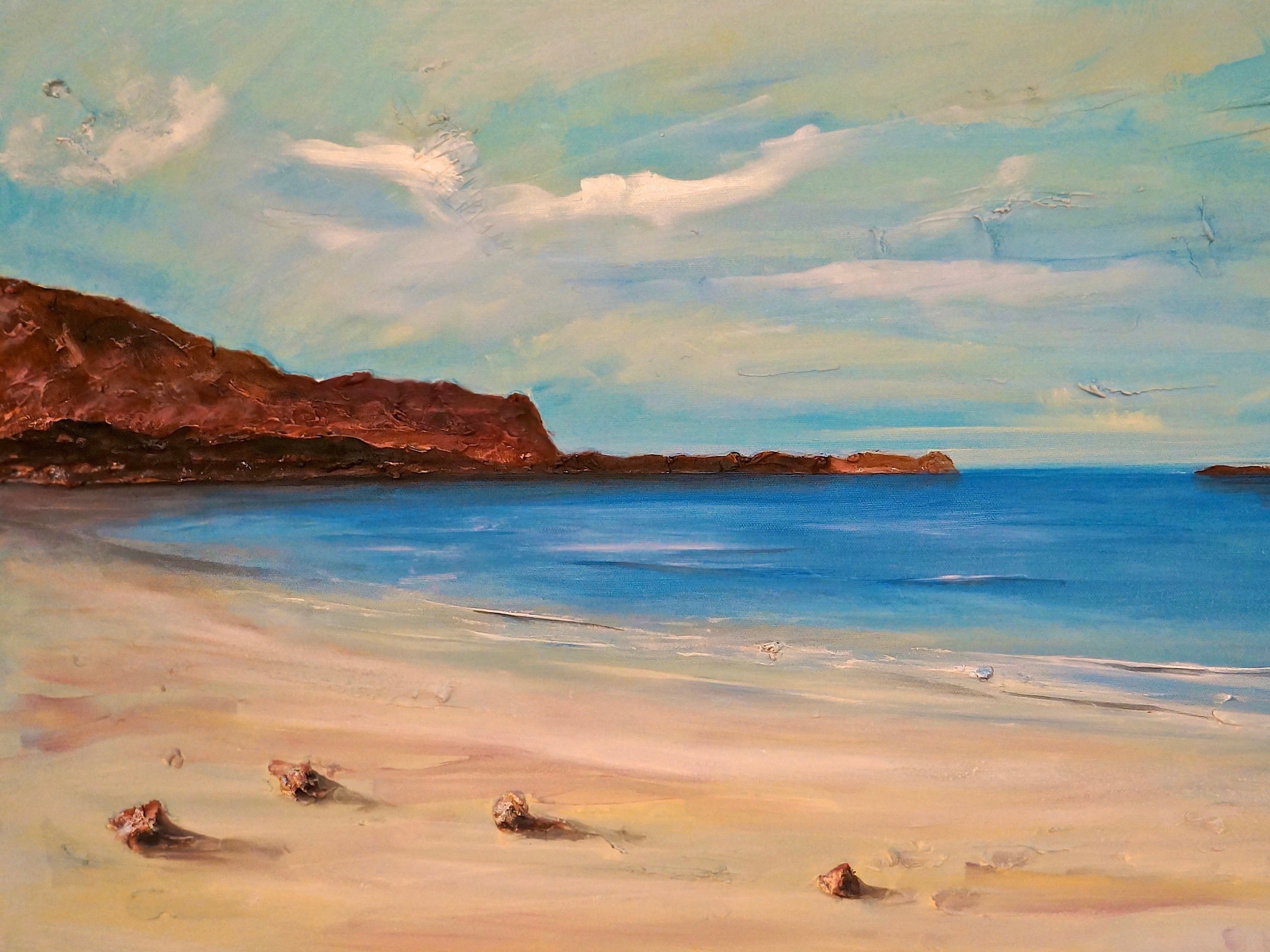 Seascape painting featuring a sandy beach in the Bosta Beach Lewis Original Painting
