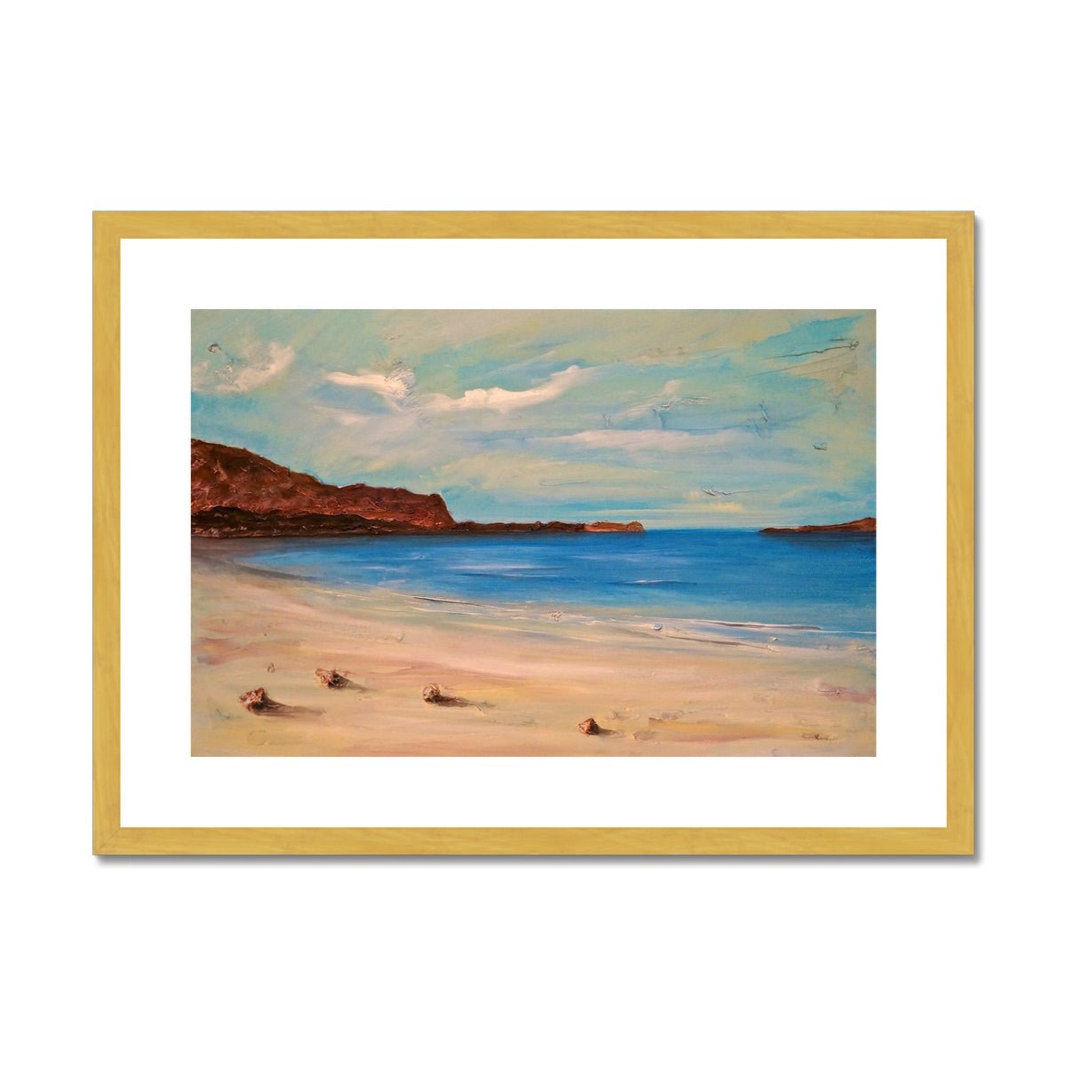 Bosta Beach Lewis Painting | Antique Framed & Mounted Prints From Scotland-Antique Framed & Mounted Prints-Hebridean Islands Art Gallery-A2 Landscape-Gold Frame-Paintings, Prints, Homeware, Art Gifts From Scotland By Scottish Artist Kevin Hunter