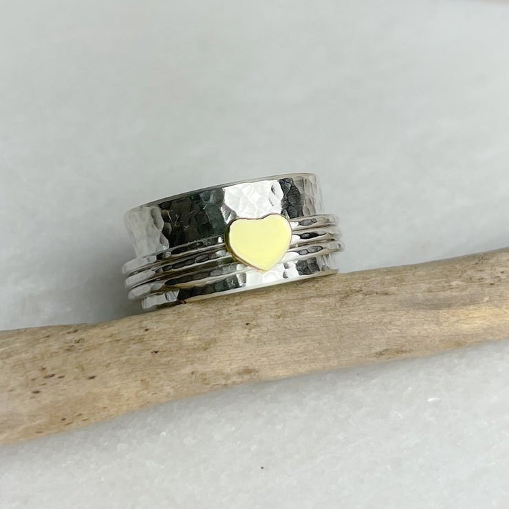 Silver hammered brass spinner ring with yellow heart accent by Lindsay McDowall Jewellery
