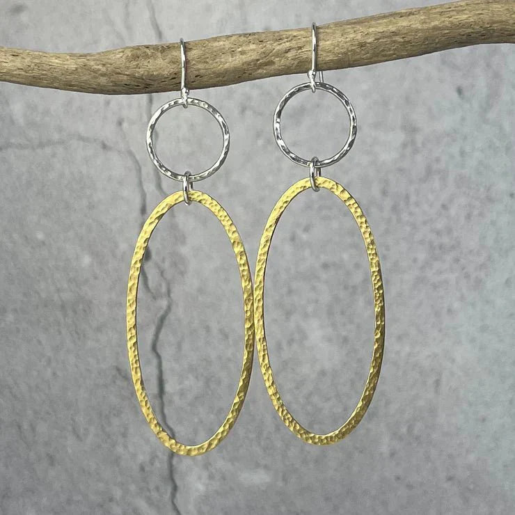 Brass & silver hammered oval hoop drop earrings, textured two-tone design