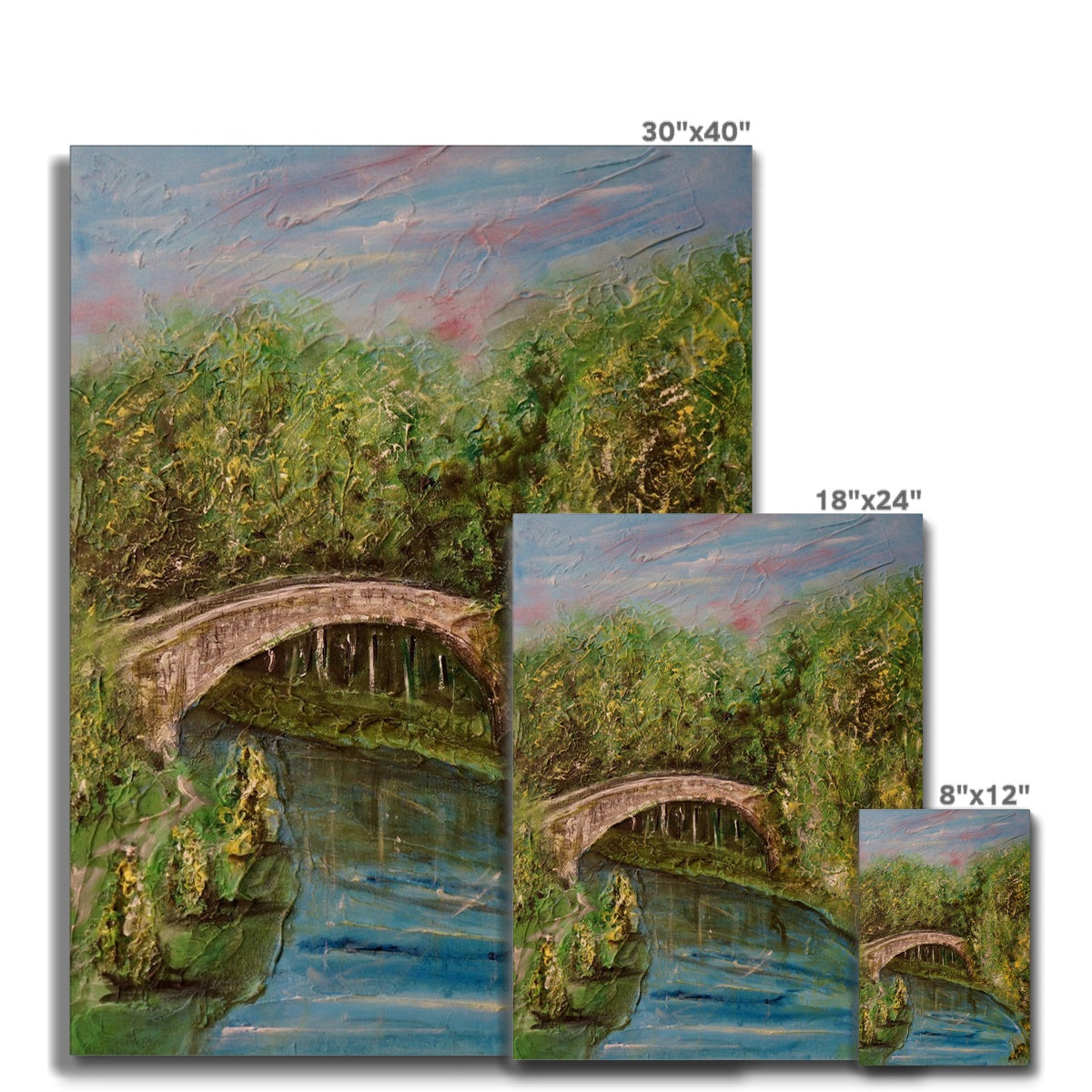 The Brig O Doon 30x40 inch canvas print of stone bridge over water with lush green foliage and pink blossoms