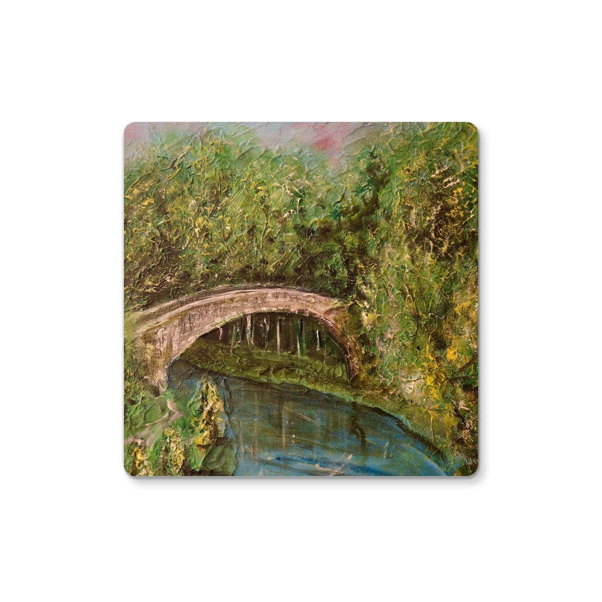 Stone Arch Bridge Coaster with Green Foliage and Blue Water Design