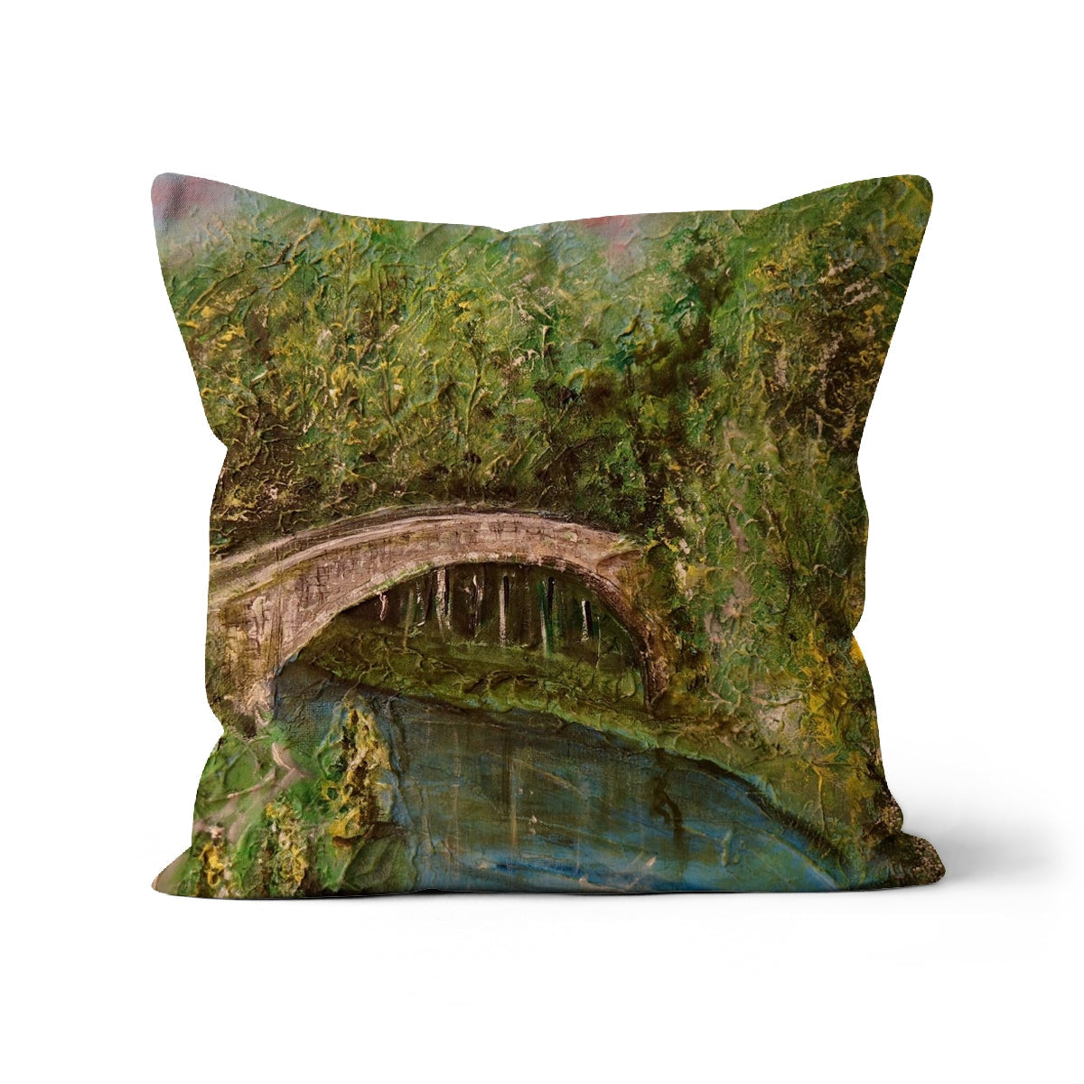 Green moss-covered stone Brig O Doon bridge cushion cover with water reflection