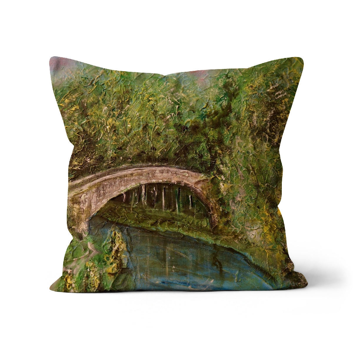 Green moss-covered Brig O Doon stone bridge cushion with water reflection