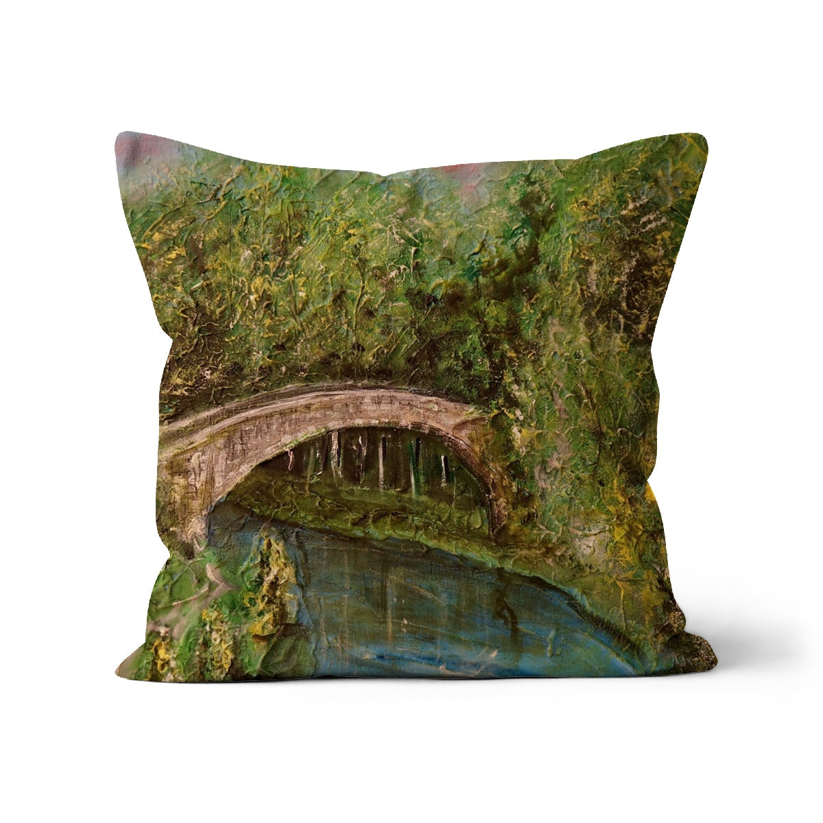 Green moss-covered Brig O Doon bridge cushion cover