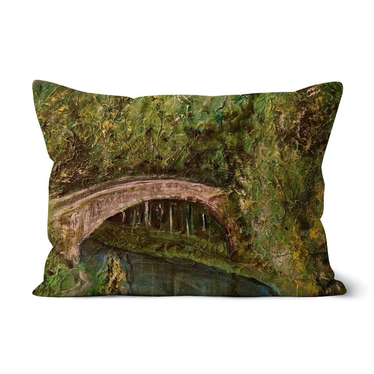 Green moss-covered arched stone bridge on Brig O Doon cushion