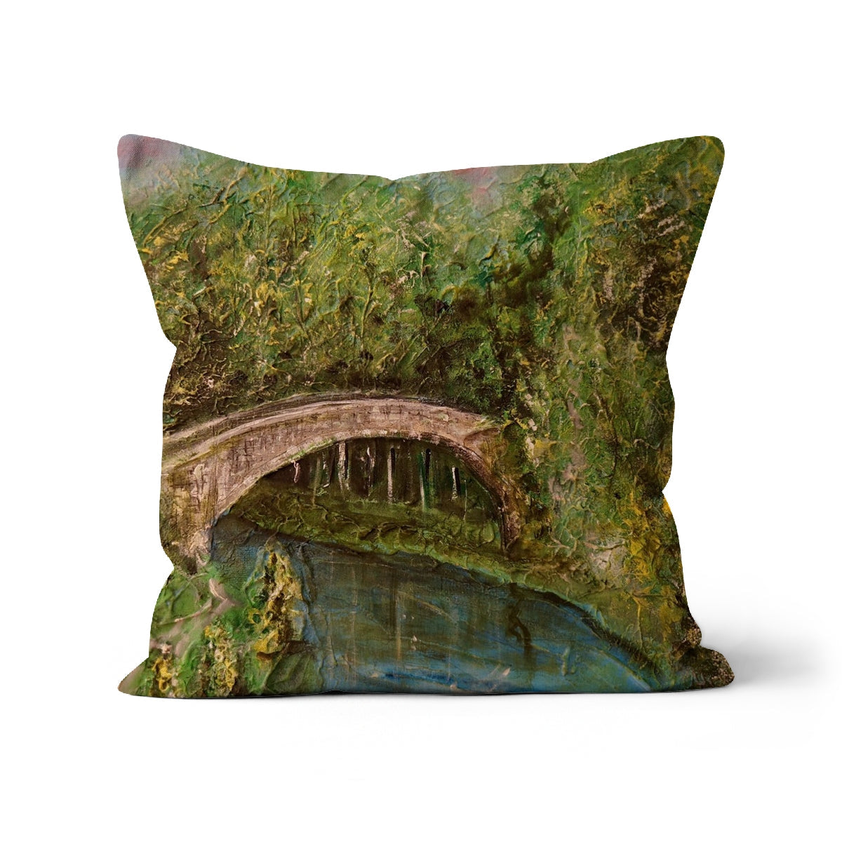 Green moss-covered stone bridge cushion cover with serene forest scene, Brig O Doon