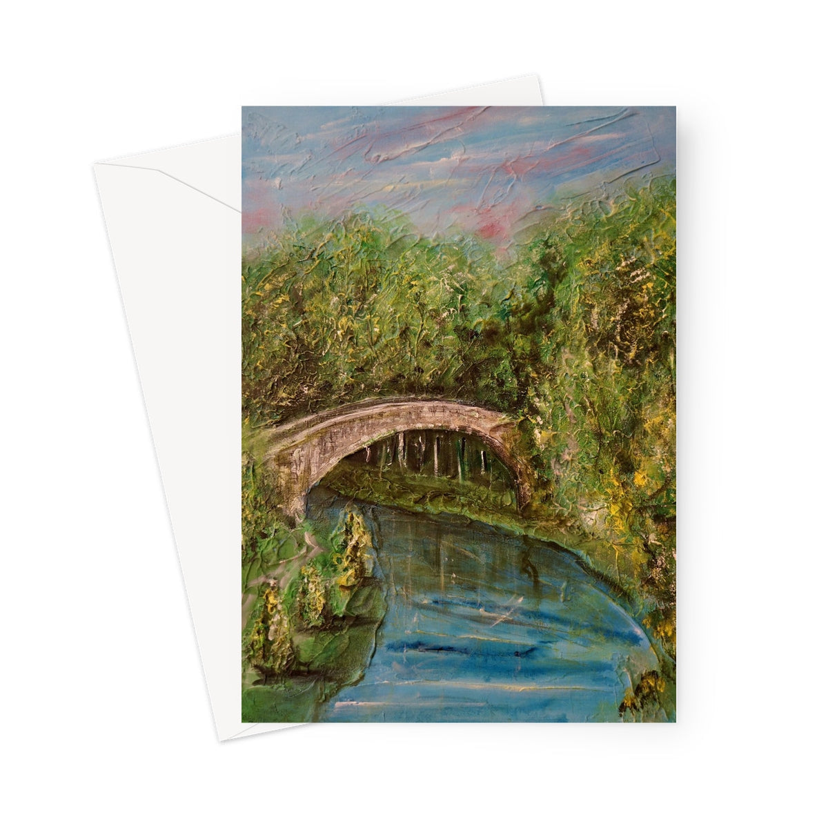 Stone Brig O Doon arch bridge greeting card with green foliage and blue sky