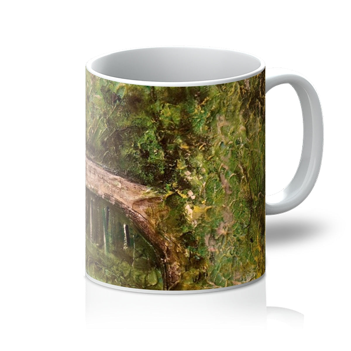 The Brig O Doon ceramic mug with green foliage and water reflections