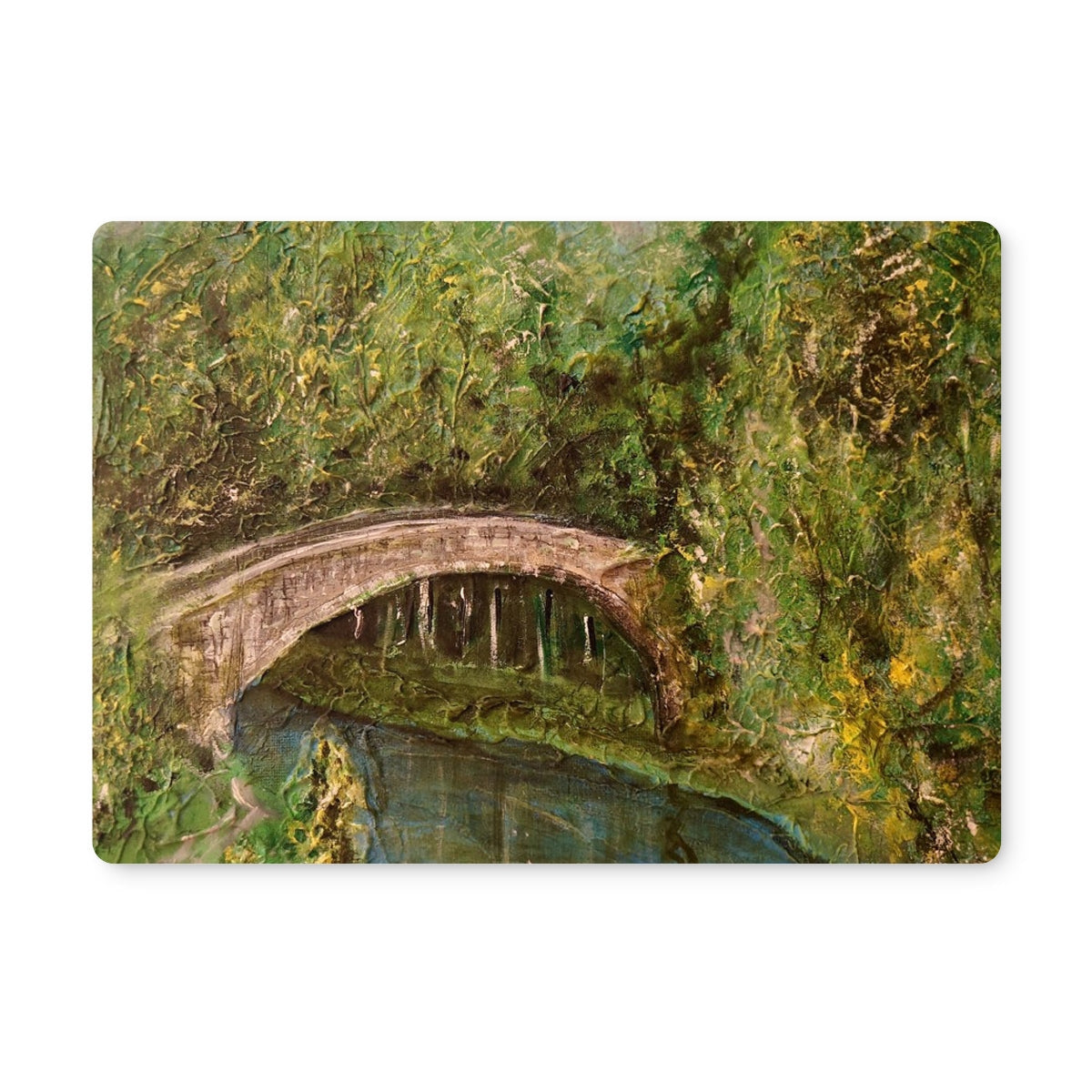 Arched stone Brig o Doon bridge over water with green foliage