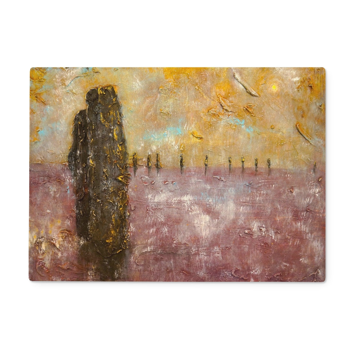 Brodgar Mist Orkney Art Gifts Glass Chopping Board-Glass Chopping Boards-Orkney Art Gallery-15"x11" Rectangular-Paintings, Prints, Homeware, Art Gifts From Scotland By Scottish Artist Kevin Hunter