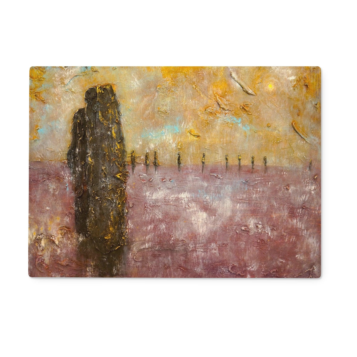 Brodgar Mist Orkney Art Gifts Glass Chopping Board | Orkney Art Gallery | Paintings, Prints, Homeware and Art Gifts From Scotland By Scottish Artist Kevin Hunter