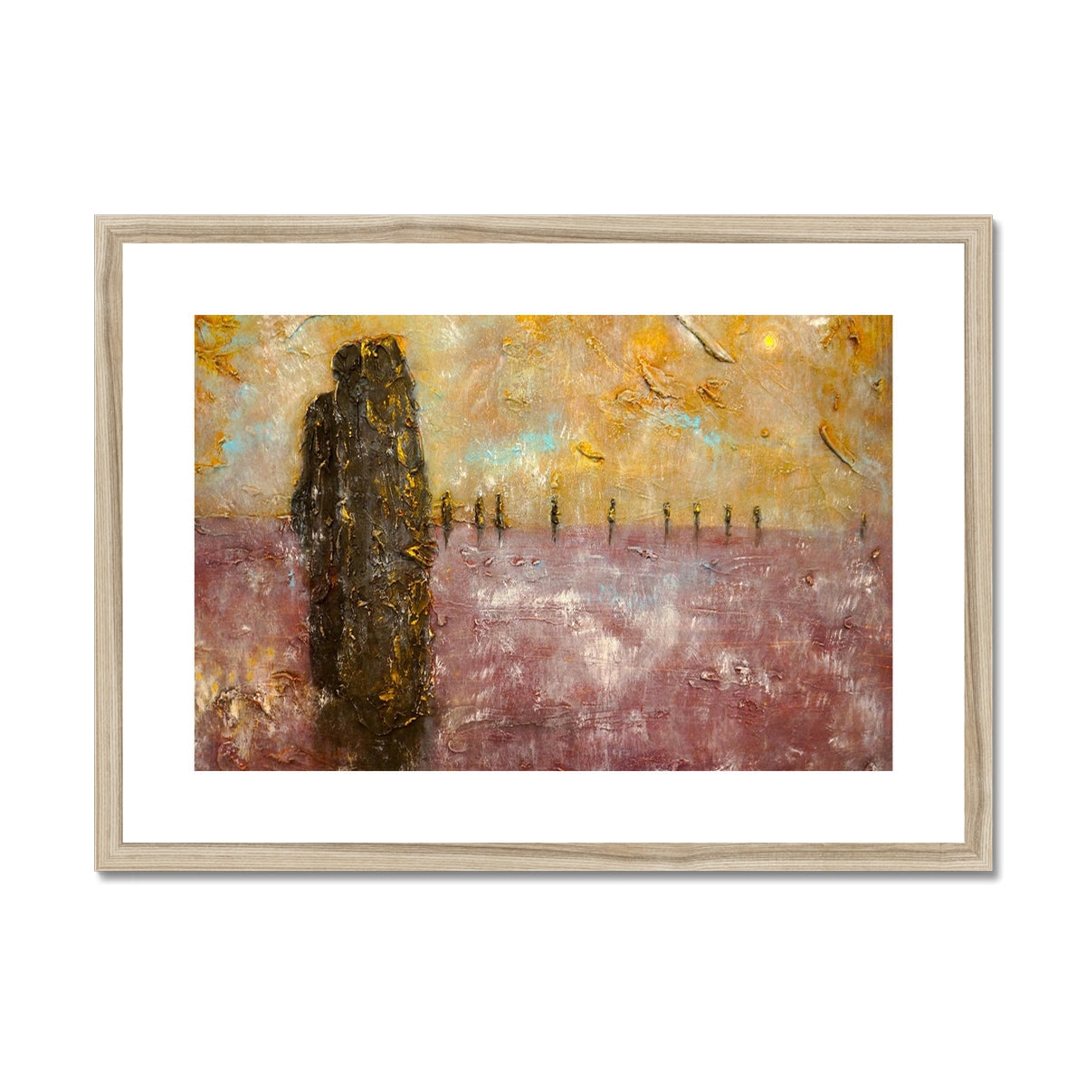 Brodgar Mist Orkney art print: abstract wooden-framed painting with dark silhouette figure in warm earthy tones