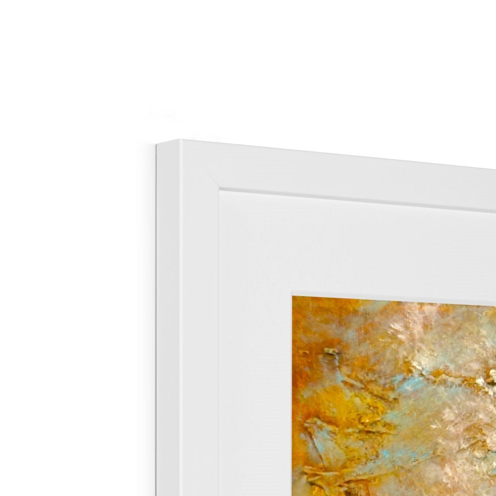 White framed abstract Brodgar Mist Orkney art print in gold and teal