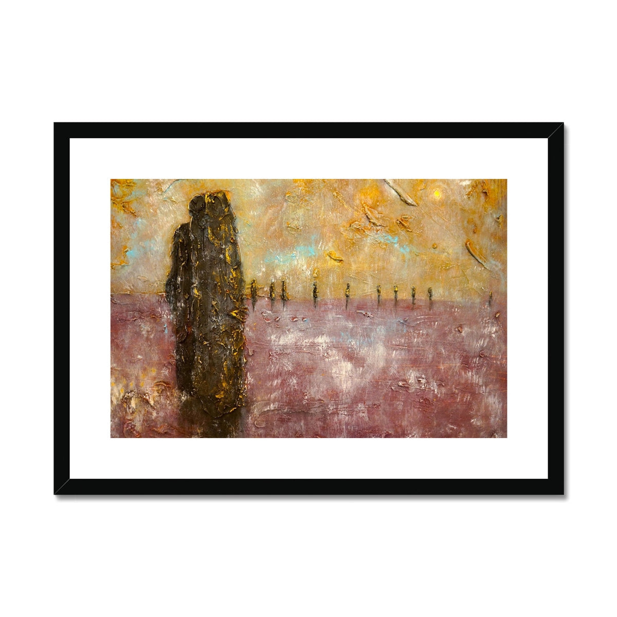 Black abstract Brodgar Mist Orkney art print with textured brushstrokes